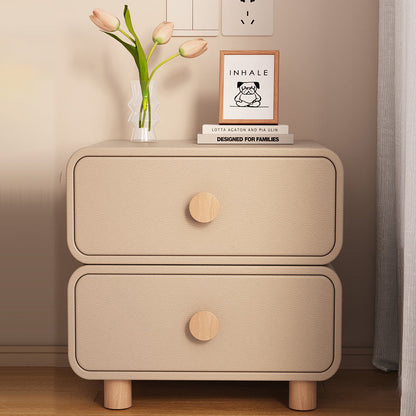 Contemporary Scandinavian Square Cube Solid Wood Leather Nightstand 2 - Drawer For Bedroom