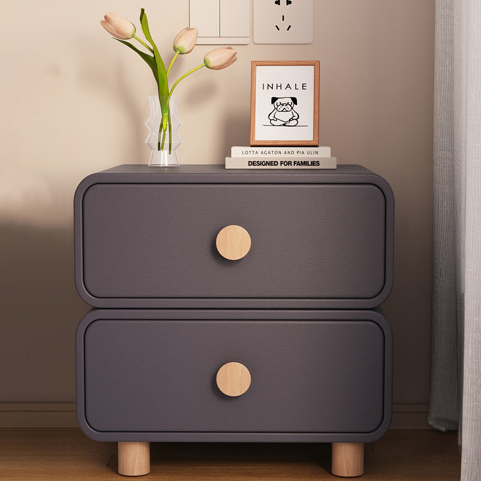 Contemporary Scandinavian Square Cube Solid Wood Leather Nightstand 2 - Drawer For Bedroom