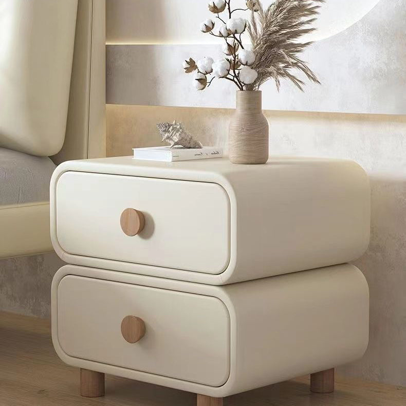 Contemporary Scandinavian Square Cube Solid Wood Leather Nightstand 2 - Drawer For Bedroom