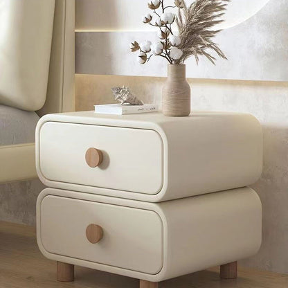 Contemporary Scandinavian Square Cube Solid Wood Leather Nightstand 2 - Drawer For Bedroom