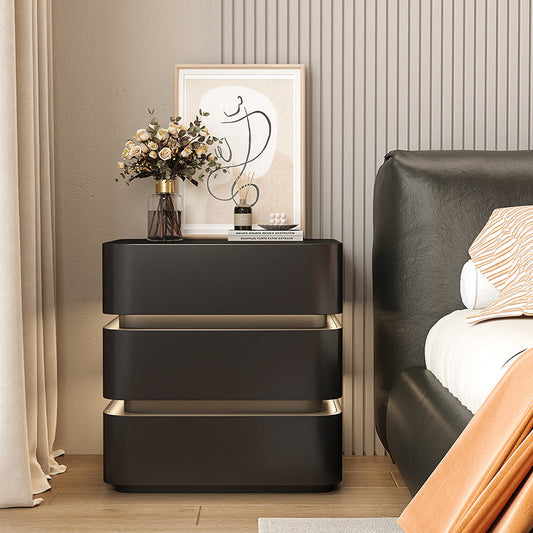 Modern Minimalist Square Cube Solid Wood Hardware Light Strip Nightstand 3 - Drawer For Bedroom