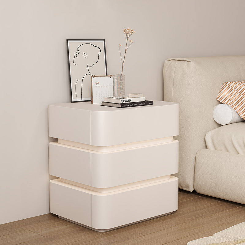 Modern Minimalist Square Cube Solid Wood Hardware Light Strip Nightstand 3 - Drawer For Bedroom