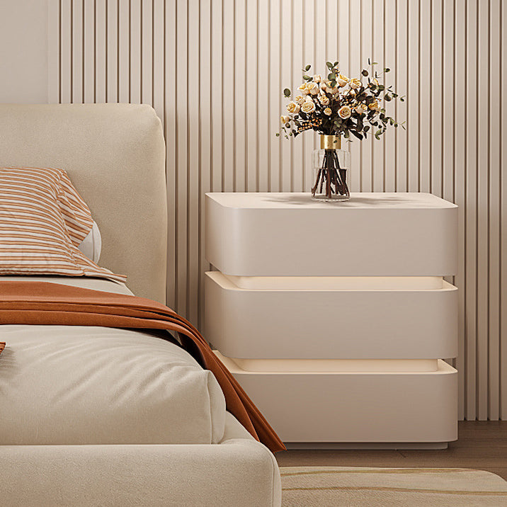Modern Minimalist Square Cube Solid Wood Hardware Light Strip Nightstand 3 - Drawer For Bedroom