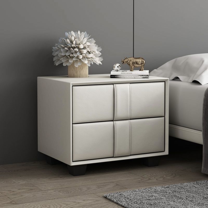 Contemporary Scandinavian Square Cube Solid Wood Leather Nightstand 2 - Drawer For Bedroom