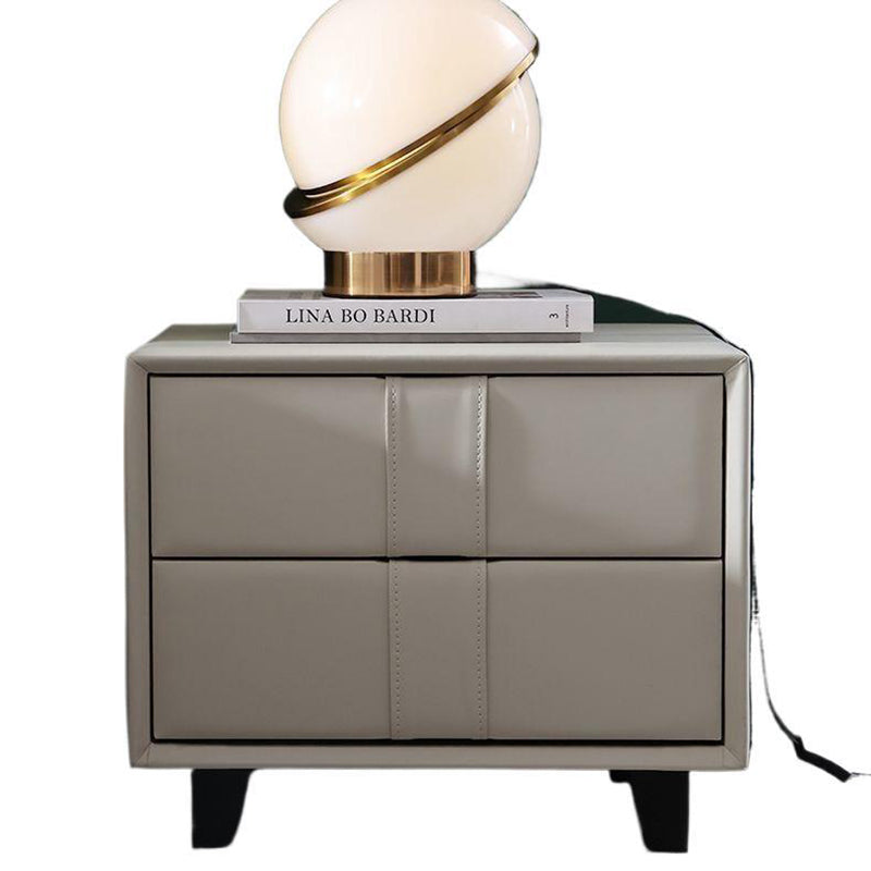 Contemporary Scandinavian Square Cube Solid Wood Leather Nightstand 2 - Drawer For Bedroom