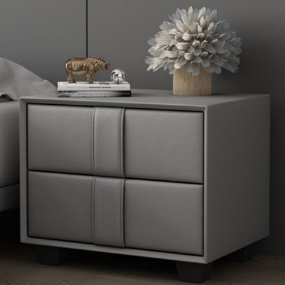 Contemporary Scandinavian Square Cube Solid Wood Leather Nightstand 2 - Drawer For Bedroom