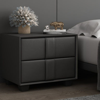 Contemporary Scandinavian Square Cube Solid Wood Leather Nightstand 2 - Drawer For Bedroom