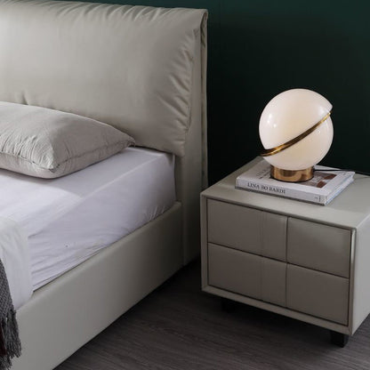 Contemporary Scandinavian Square Cube Solid Wood Leather Nightstand 2 - Drawer For Bedroom