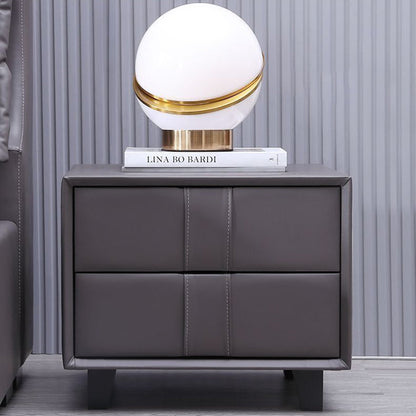 Contemporary Scandinavian Square Cube Solid Wood Leather Nightstand 2 - Drawer For Bedroom