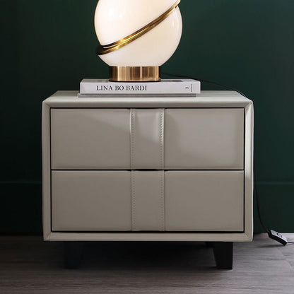 Contemporary Scandinavian Square Cube Solid Wood Leather Nightstand 2 - Drawer For Bedroom