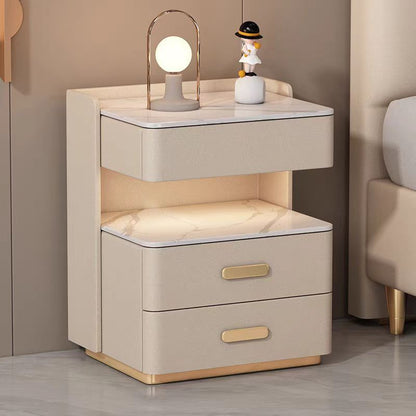 Contemporary Nordic Square Cube Solid Wood Leather Rock Board Sensor Light Safe Nightstand 3 - Drawer For Bedroom