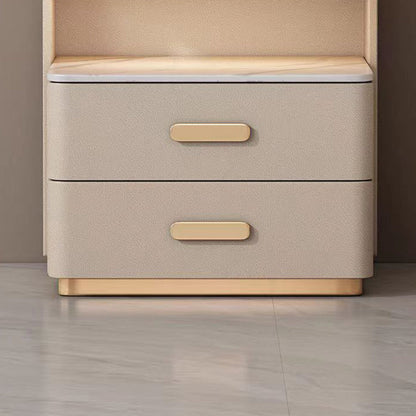 Contemporary Nordic Square Cube Solid Wood Leather Rock Board Sensor Light Safe Nightstand 3 - Drawer For Bedroom