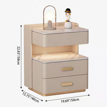 Contemporary Nordic Square Cube Solid Wood Leather Rock Board Sensor Light Safe Nightstand 3 - Drawer For Bedroom