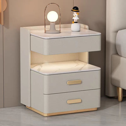 Contemporary Nordic Square Cube Solid Wood Leather Rock Board Sensor Light Safe Nightstand 3 - Drawer For Bedroom