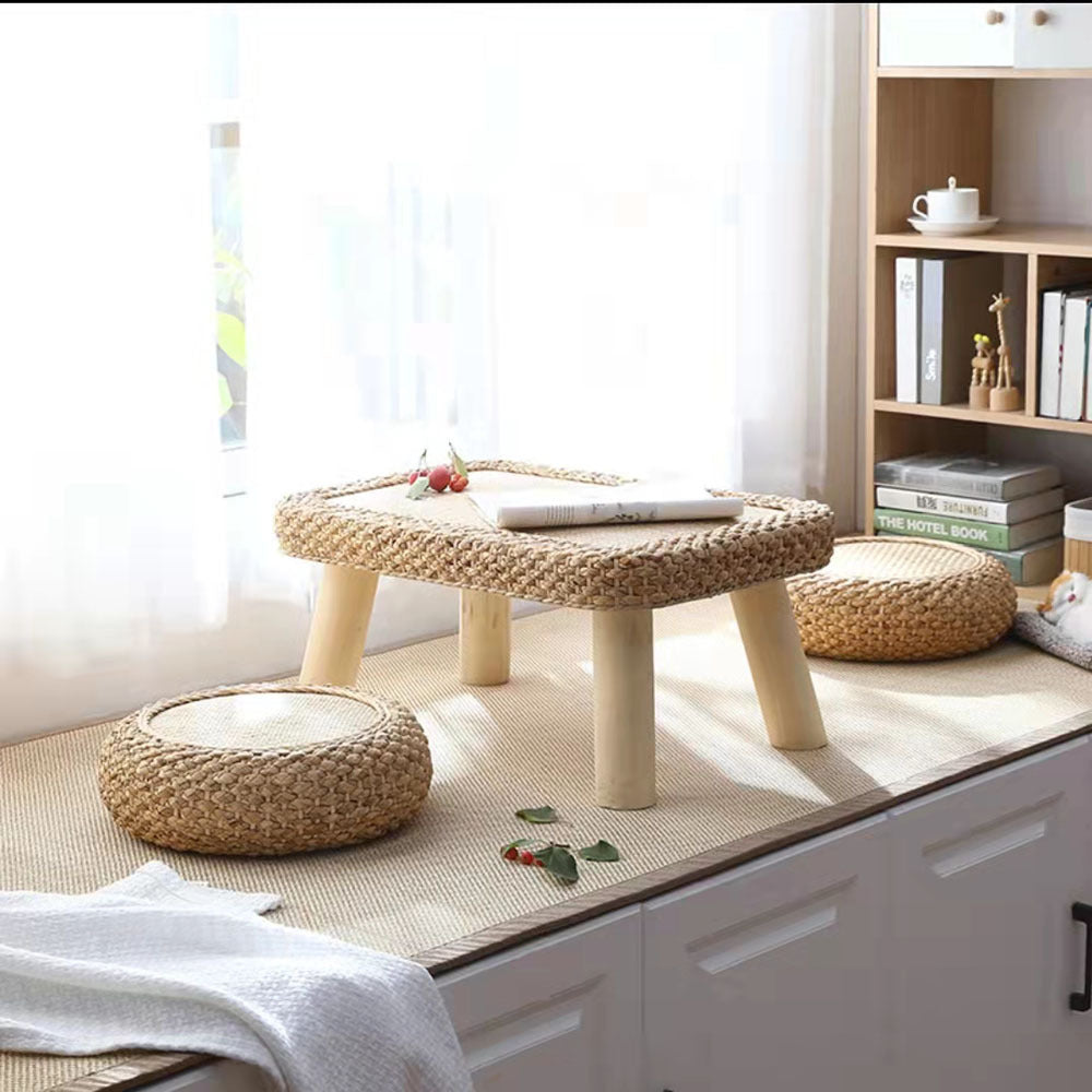 Traditional Japanese Round Rectangle Cottonwood Rattan Coffee Table 1 - Tier For Dining Room