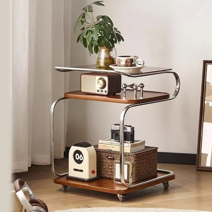 Contemporary Scandinavian Geometry Square Glass Solid Wood Stainless Steel Side Table 3 - Tier For Dining Room