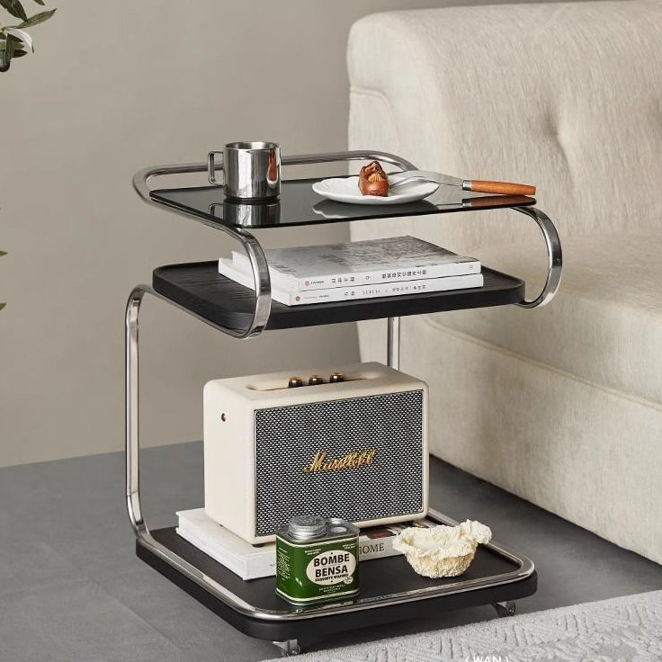 Contemporary Scandinavian Geometry Square Glass Solid Wood Stainless Steel Side Table 3 - Tier For Dining Room