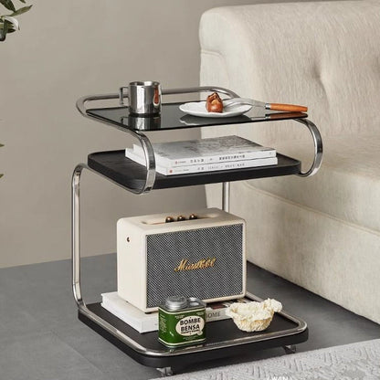 Contemporary Scandinavian Geometry Square Glass Solid Wood Stainless Steel Side Table 3 - Tier For Dining Room