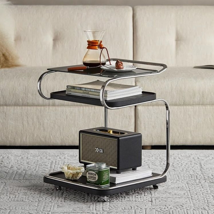 Contemporary Scandinavian Geometry Square Glass Solid Wood Stainless Steel Side Table 3 - Tier For Dining Room