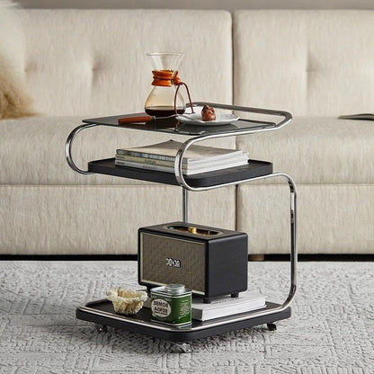 Contemporary Scandinavian Geometry Square Glass Solid Wood Stainless Steel Side Table 3 - Tier For Dining Room