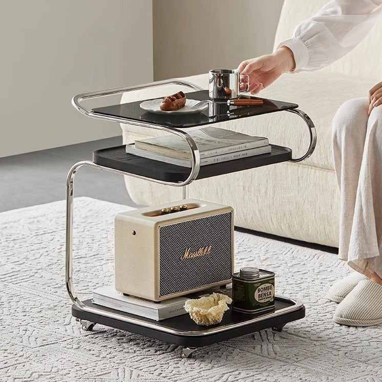 Contemporary Scandinavian Geometry Square Glass Solid Wood Stainless Steel Side Table 3 - Tier For Dining Room