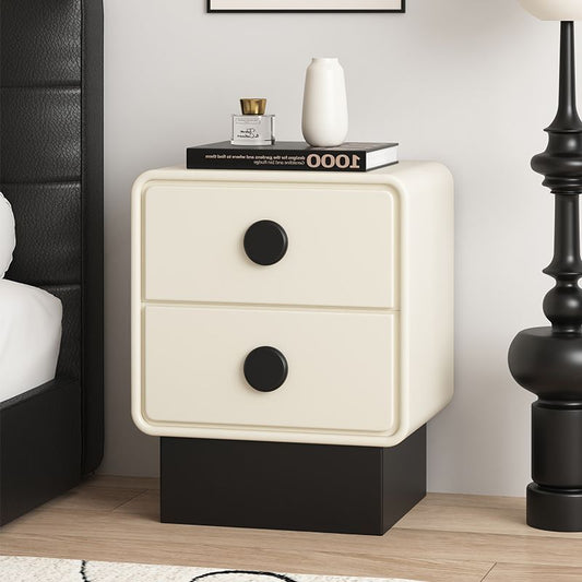 Contemporary Nordic Square Cube Solid Wood Multilayer Board Leather Nightstand 2 - Drawer For Bedroom