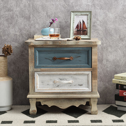 Traditional Vintage Square Cube Paulownia Wood Hardware Nightstand 2 - Drawer For Bedroom