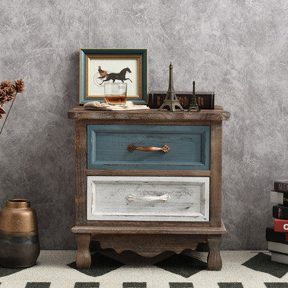 Traditional Vintage Square Cube Paulownia Wood Hardware Nightstand 2 - Drawer For Bedroom