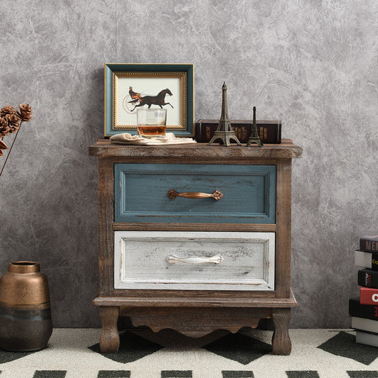 Traditional Vintage Square Cube Paulownia Wood Hardware Nightstand 2 - Drawer For Bedroom