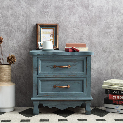 Traditional Vintage Square Cube Paulownia Wood Hardware Nightstand 2 - Drawer For Bedroom