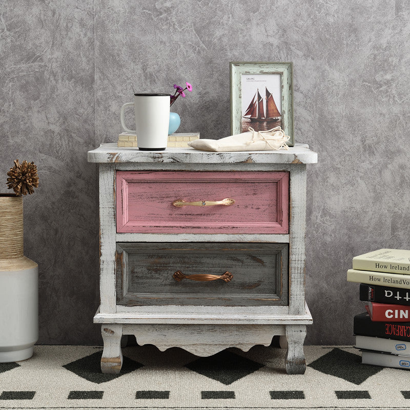 Traditional Vintage Square Cube Paulownia Wood Hardware Nightstand 2 - Drawer For Bedroom