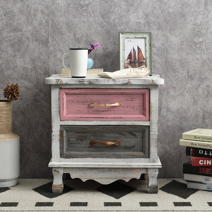 Traditional Vintage Square Cube Paulownia Wood Hardware Nightstand 2 - Drawer For Bedroom
