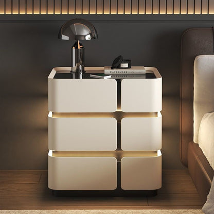 Contemporary Nordic Square Cube Sensor Light Wireless Charging Solid Wood Glass Microfiber Leather Nightstand 2/3 - Drawer For Bedroom