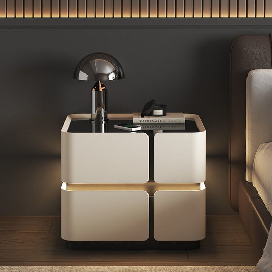Contemporary Nordic Square Cube Sensor Light Wireless Charging Solid Wood Glass Microfiber Leather Nightstand 2/3 - Drawer For Bedroom