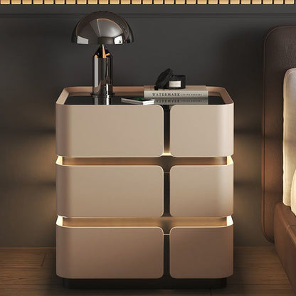 Contemporary Nordic Square Cube Sensor Light Wireless Charging Solid Wood Glass Microfiber Leather Nightstand 2/3 - Drawer For Bedroom