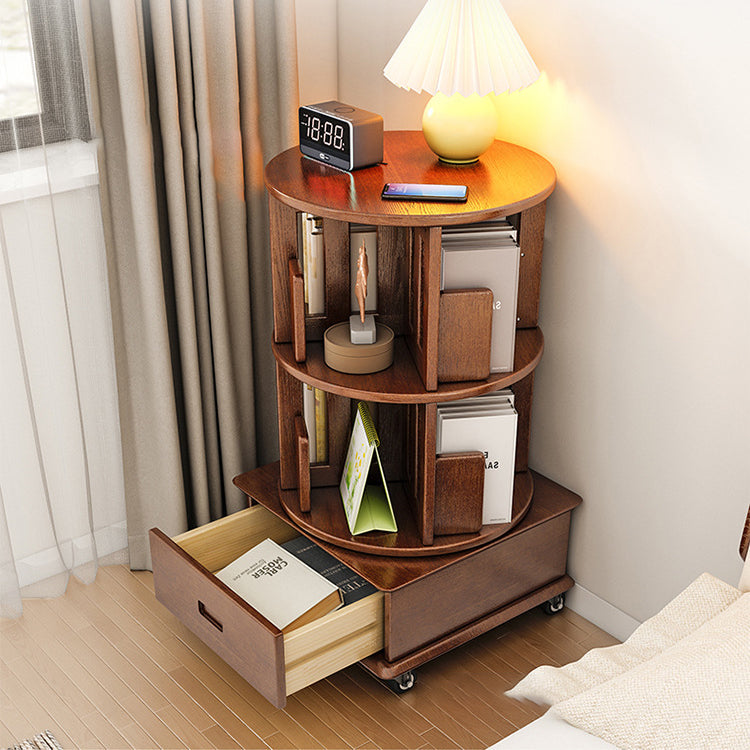 Contemporary Simplicity Round Square Storage Rotatable Bookshelf Solid Wood Hardware Nightstand 1 - Drawer For Bedroom