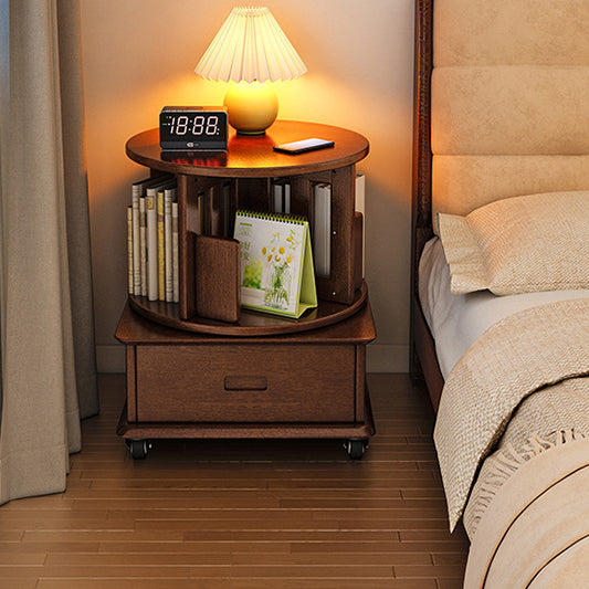 Contemporary Simplicity Round Square Storage Rotatable Bookshelf Solid Wood Hardware Nightstand 1 - Drawer For Bedroom