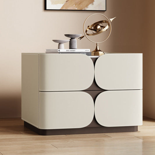 Contemporary Nordic Square Cube Rock Board Faux Saddle Leather Solid Wood Hardware Nightstand 2 - Drawer For Bedroom