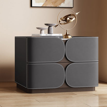Contemporary Nordic Square Cube Rock Board Faux Saddle Leather Solid Wood Hardware Nightstand 2 - Drawer For Bedroom