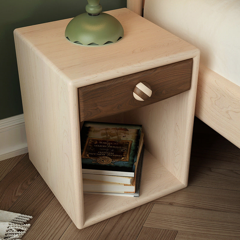 Contemporary Simplicity Square Cube Solid Wood Hardware Nightstand 1 - Drawer For Bedroom