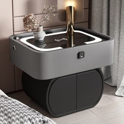 Contemporary Nordic Rectangular Glass Desktop Pine Faux  Leather Nightstand 2 - Drawer For Bedroom