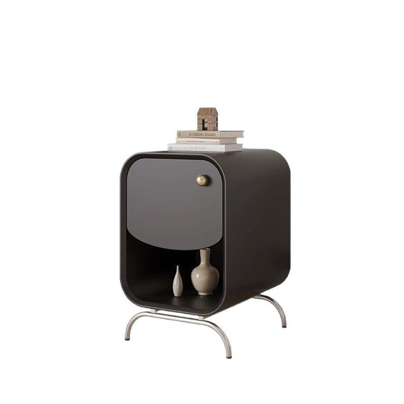 Modern Minimalist Square Solid Wood Multilayer Board Stainless Steel Nightstand 1 - Drawer For Bedroom