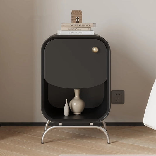 Modern Minimalist Square Solid Wood Multilayer Board Stainless Steel Nightstand 1 - Drawer For Bedroom