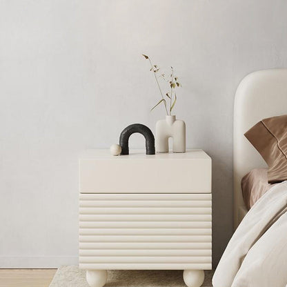 Modern Minimalist Square Cube Cream Ripple Solid Wood Stainless Steel Nightstand 1 - Drawer For Bedroom