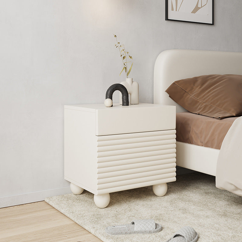 Modern Minimalist Square Cube Cream Ripple Solid Wood Stainless Steel Nightstand 1 - Drawer For Bedroom