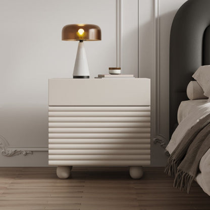Modern Minimalist Square Cube Cream Ripple Solid Wood Stainless Steel Nightstand 1 - Drawer For Bedroom