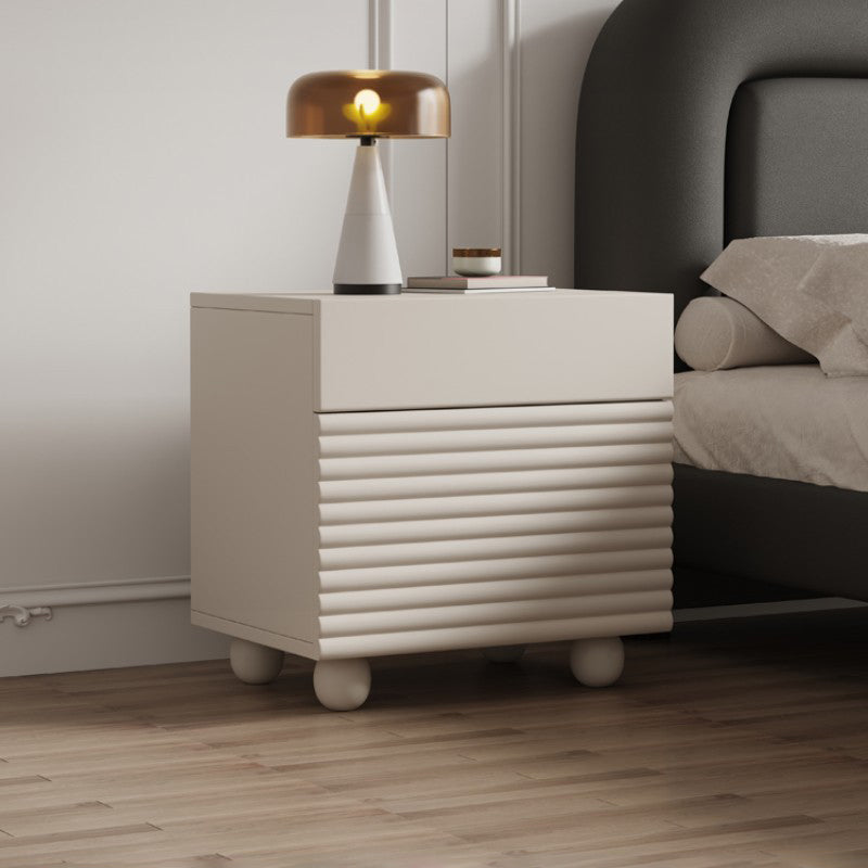 Modern Minimalist Square Cube Cream Ripple Solid Wood Stainless Steel Nightstand 1 - Drawer For Bedroom