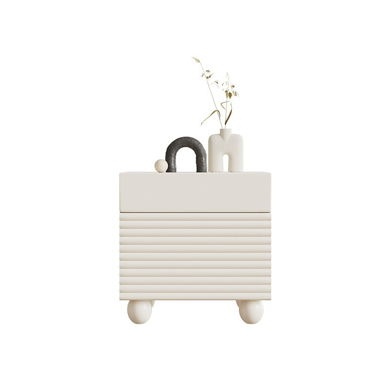 Modern Minimalist Square Cube Cream Ripple Solid Wood Stainless Steel Nightstand 1 - Drawer For Bedroom