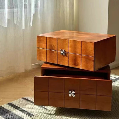 Contemporary Retro Square Cube Four Leaf Clover Swivel Pine Hardware Nightstand 2 - Drawer For Bedroom