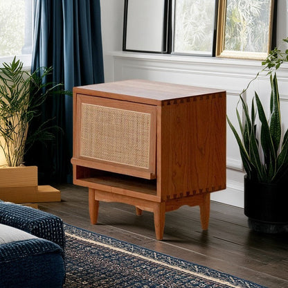 Contemporary Retro Square Cube Flip Door Solid Wood Pine Cherry Wood Nightstand 2 - Tier For Bedroom